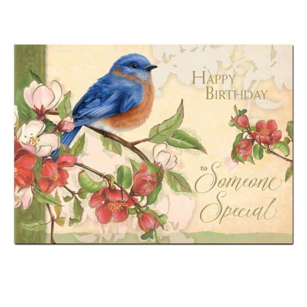 Greeting card with bluebird sitting on flowering branch.