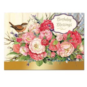A small brown wren above a large bouquet of peonies