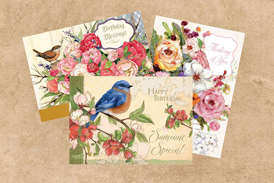 Three cards showing flowers and birds with special message