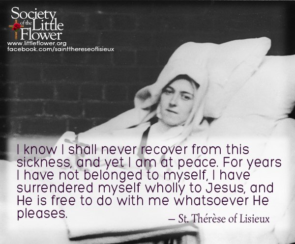 St. Therese of Lisieux during her final illness, resting on a bed in the courtyard at Le Carmel monastery.