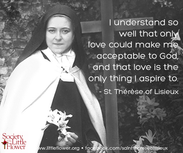 Photo of St. Therese of Lisieux, holding an Easter lily, in the garden at Le Carmel monastery,  before a wooden cross.
