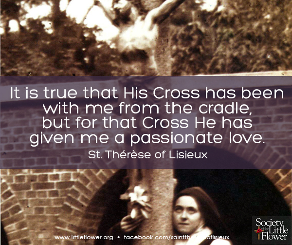Photo of St. Therese of Lisieux embracing the large crucifix in the courtyard at Le Carmel monastery.