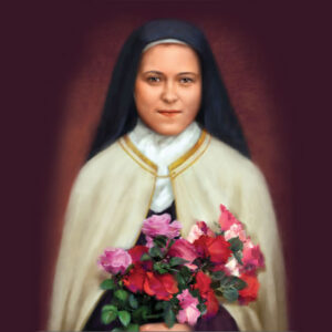 St. Therese, holding roses against a dark red background