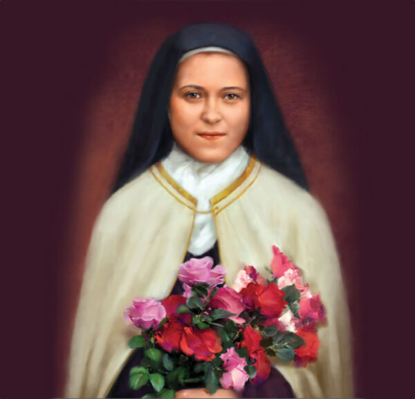 St. Therese, holding roses against a dark red background
