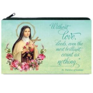 A light turquoise to light green faux-leather, black zippered pouch that features an image of St therese with a quote reading Without love, deeds, even the most brilliant count as nothing.