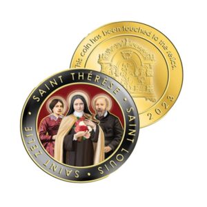Front and back of the Relics Visit Commemorative Medallion featuring St. Therese and her parents.