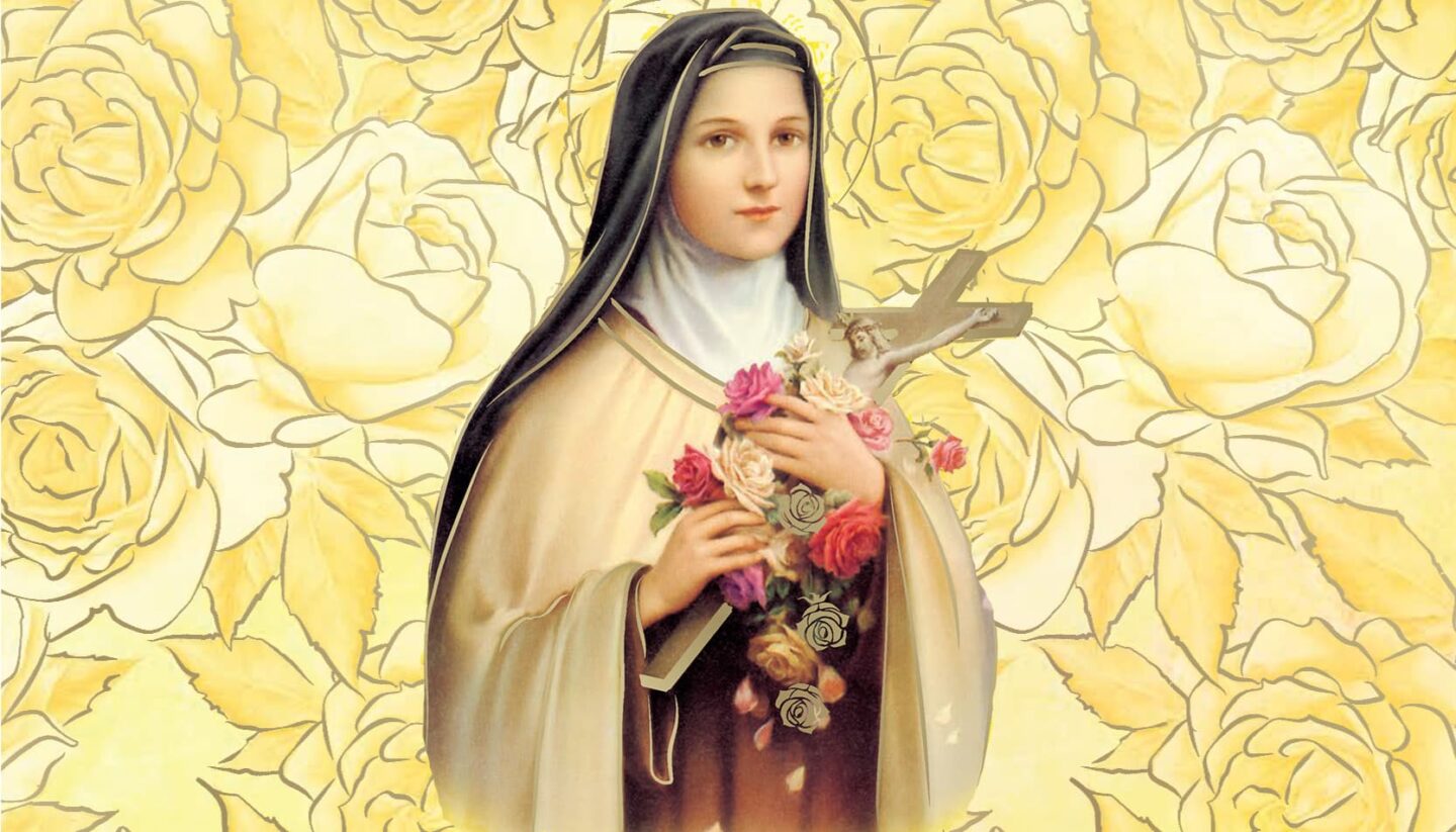 St Therese with yellow roses background