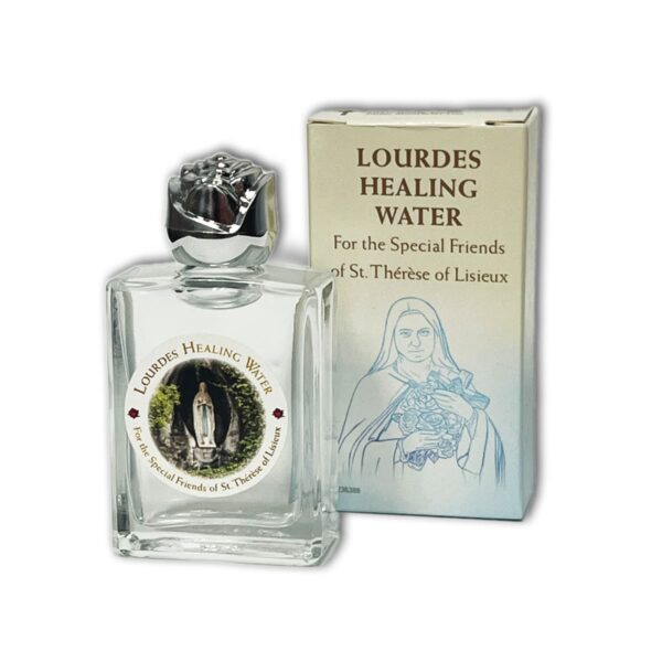 Glass bottle of Lourdes Healing Water with a Rose shaped cap