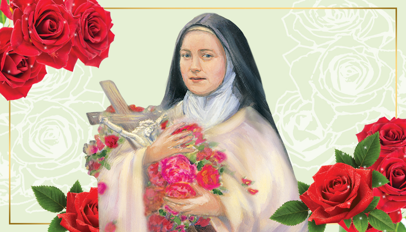 St Therese with red roses