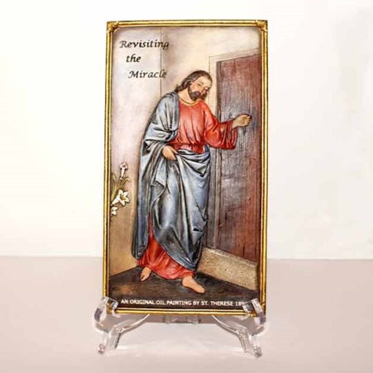 Plaque showing St. Therese's painting of Jesus knocking on the door of our hearts, asking to be let in.