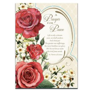 Memorial Mass card with a prayer for peace and red and white flowers