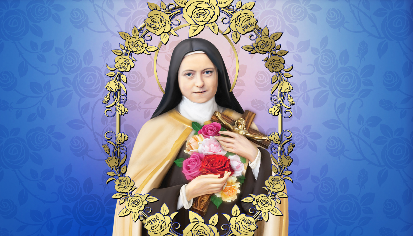 St. Therese Image with a blue background and Golden Roses around her