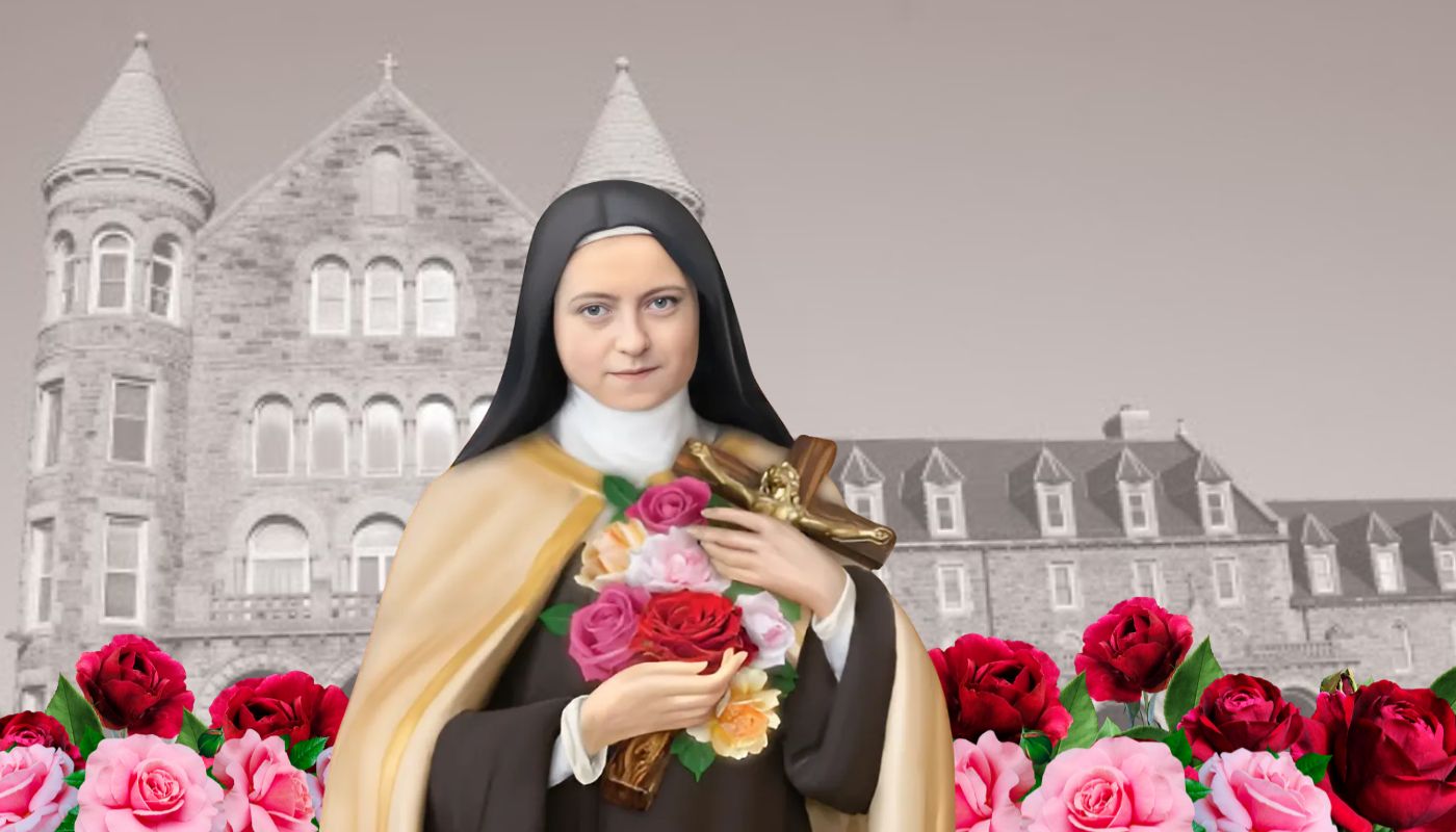 Digital Image of St. Therese surrounded by pink and red roses in front of The Monastery of Mount Carmel