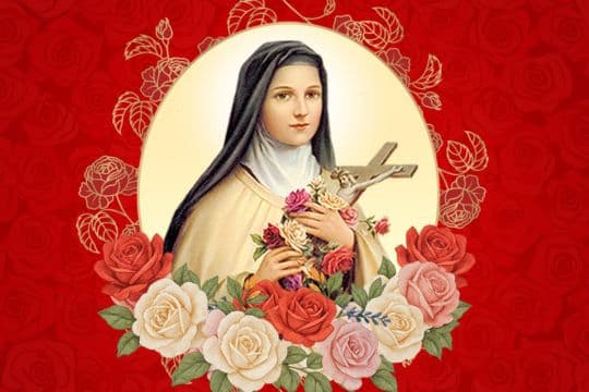 St. Therese with red roses background
