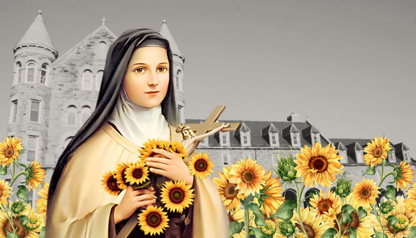 St Therese in front of the Monastery with sunflowers