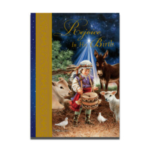 124 Little Drummer Boy Christmas Card front with image of little drummer boy surrounded by animals
