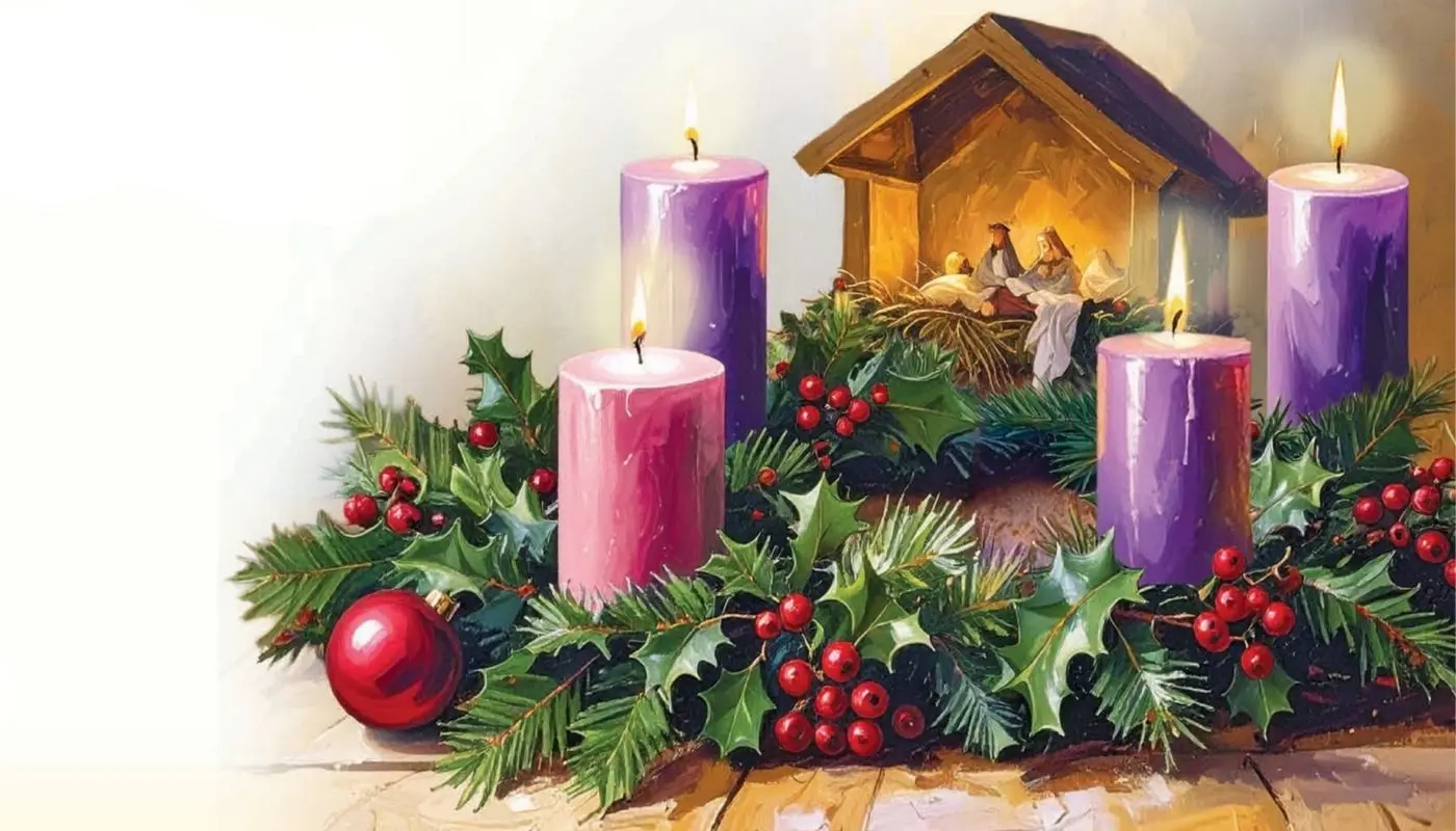 Watercolor image of lit advent candles in wreath surrounding wooden nativity scene