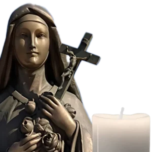 Bronze statue of St. Therese with a candle