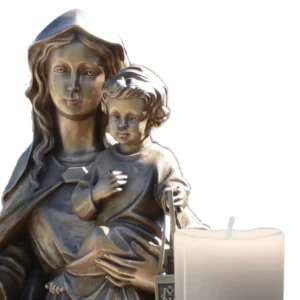 Bronze statue of Our Lady of Mount Carmel with candle