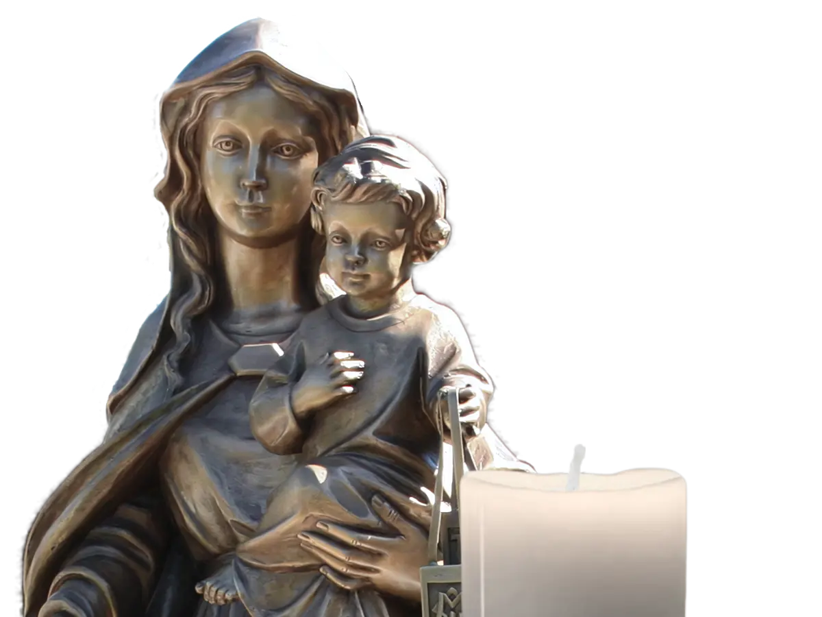 Bronze statue of Our Lady of Mount Carmel with candle